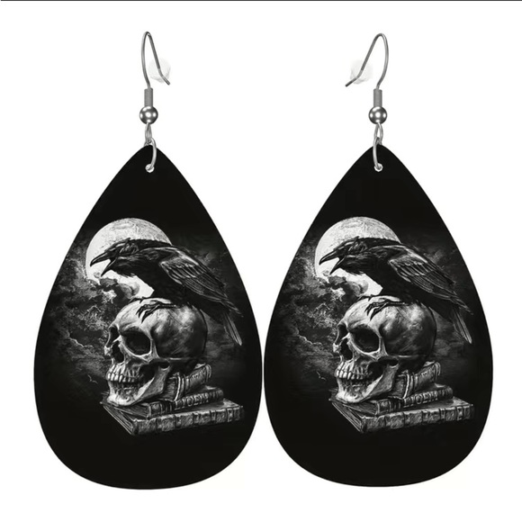 Evermore the raven skeleton crow poe book earrings - Picture 2 of 4